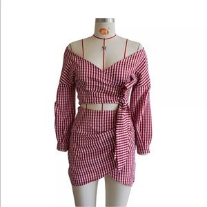 Red gingham 2 piece skirt set off shoulder